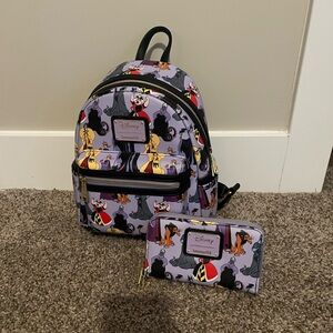 Disney Villains AOP Loungefly Mini Backpack & Wallet(Read